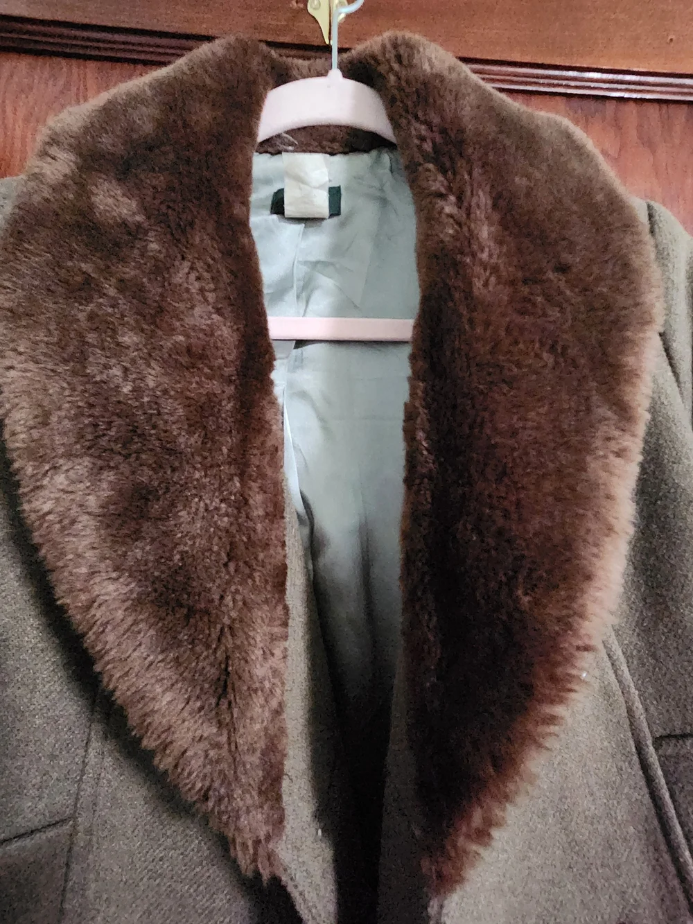 J. Crew Olive Wool-Blend Peacoat with Brown Faux Fur Collar - Picture 3 of 5